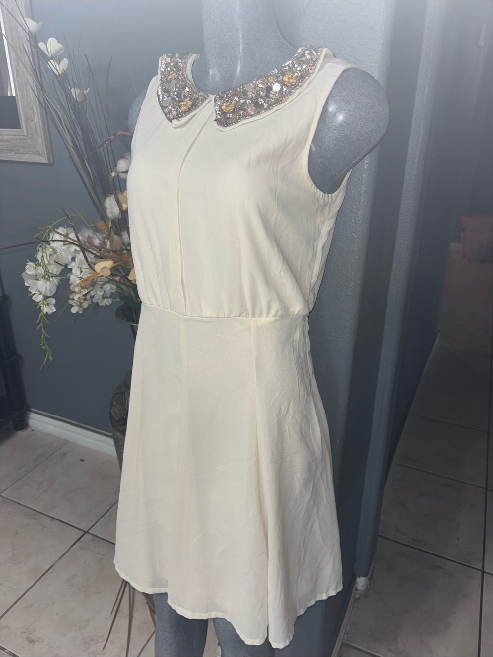 Pinky Cream Sleeveless Dress with Jeweled Collar